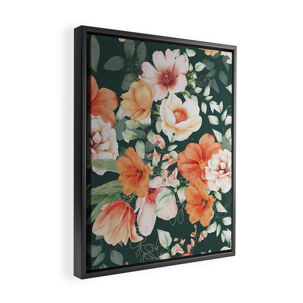 Peach Florals with Painted Speckles on Dark Green Framed Canvas Print Gallery Image 2