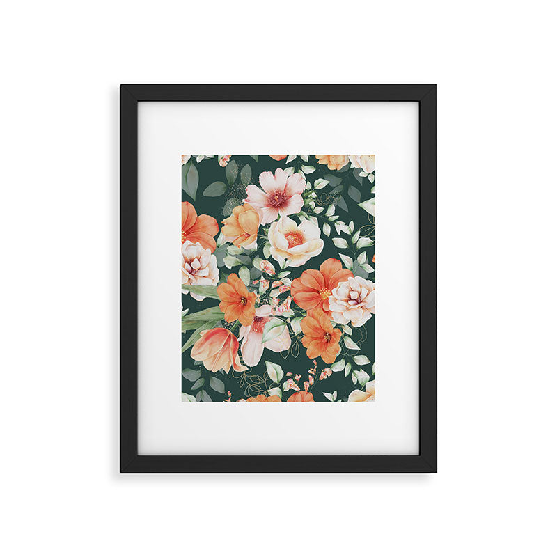 Peach Florals with Painted Speckles on Dark Green Framed Art Print Gallery Image 6