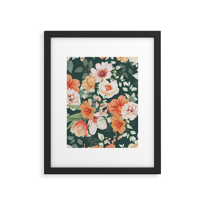 Peach Florals with Painted Speckles on Dark Green Framed Art Print Gallery Image 1