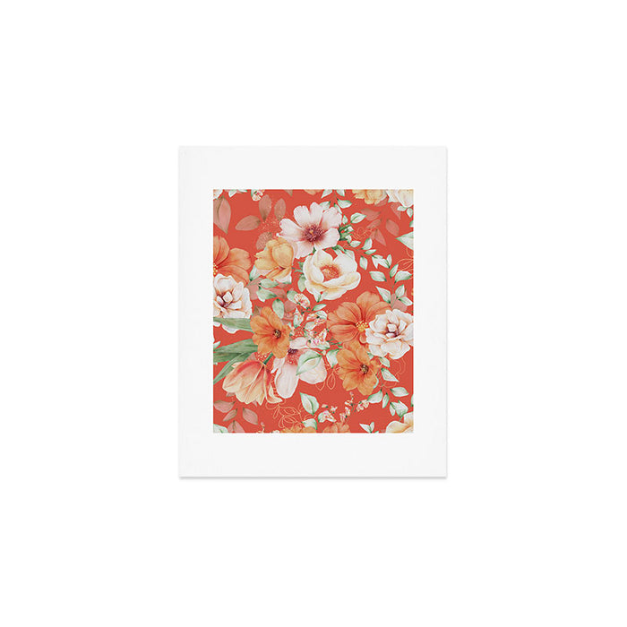 Peach Florals with Painted Speckles on Orange Coral Art Print Gallery Image 1