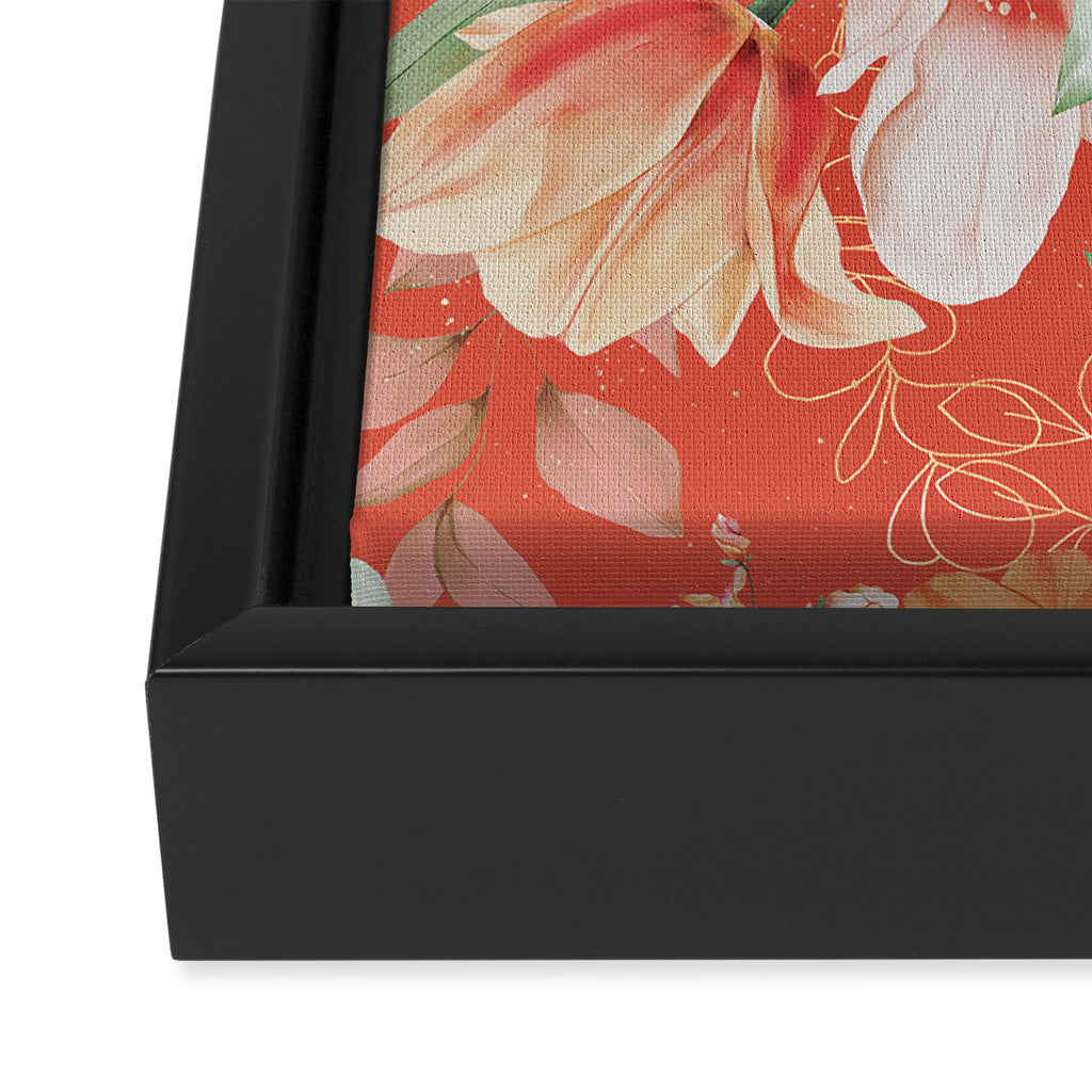 Peach Florals with Painted Speckles on Orange Coral Framed Canvas Print Gallery Image 3