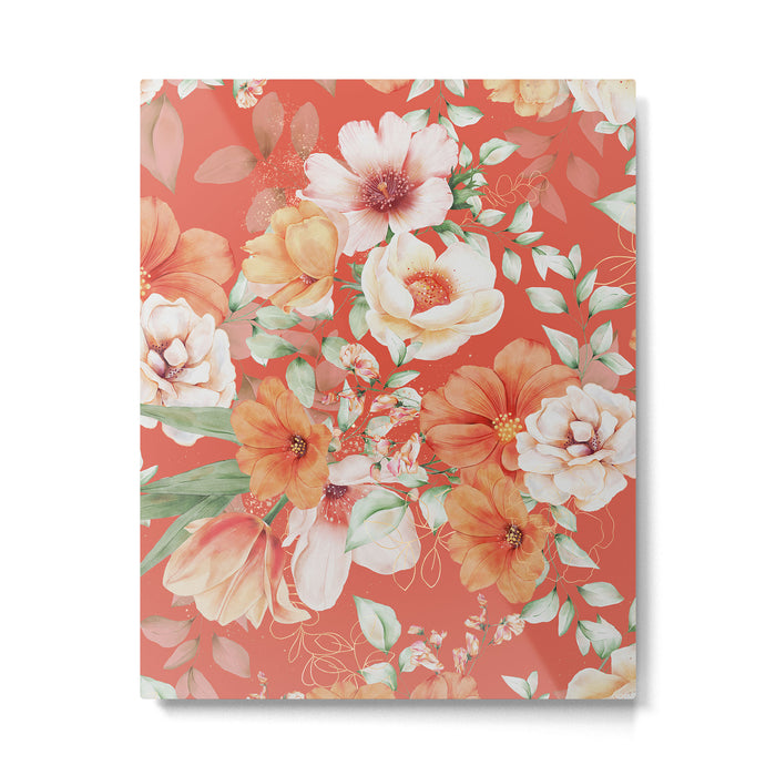 Peach Florals with Painted Speckles on Orange Coral Metal Print Gallery Image 1