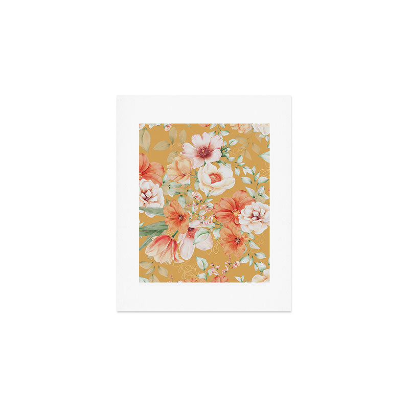 Peach Florals with Painted Speckles on Yellow Art Print Gallery Image 1