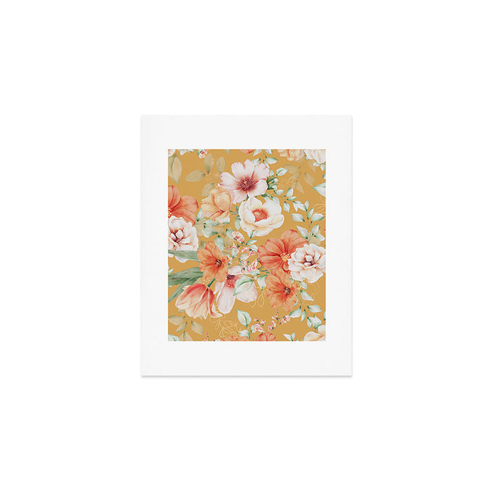 Peach Florals with Painted Speckles on Yellow Art Print Gallery Image 1