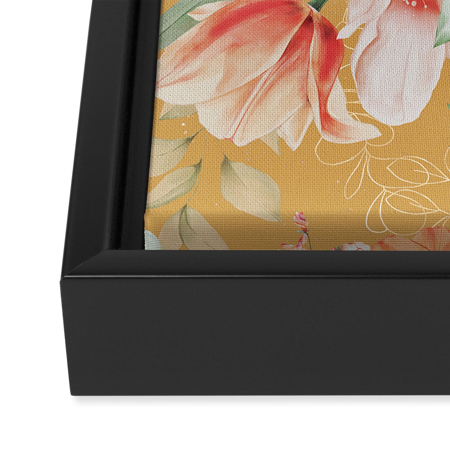 Peach Florals with Painted Speckles on Yellow Framed Canvas Print Gallery Image 3
