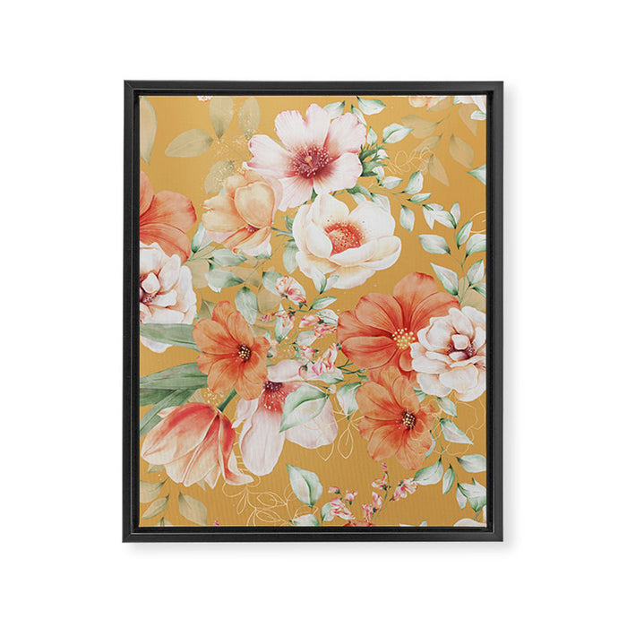 Peach Florals with Painted Speckles on Yellow Framed Canvas Print Gallery Image 1