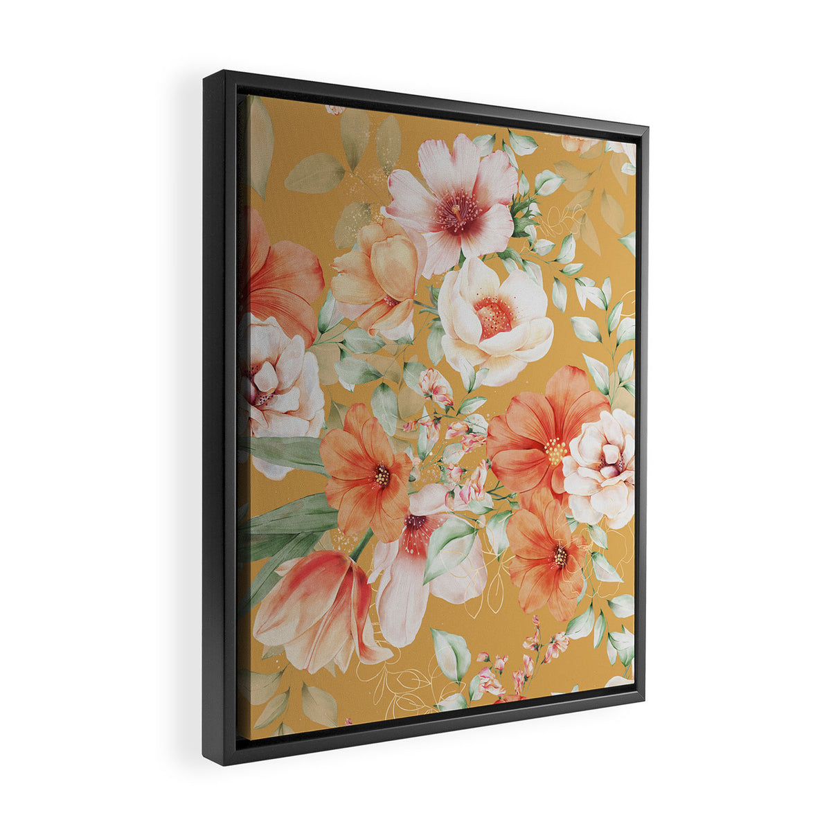 Peach Florals with Painted Speckles on Yellow Framed Canvas Print Gallery Image 2