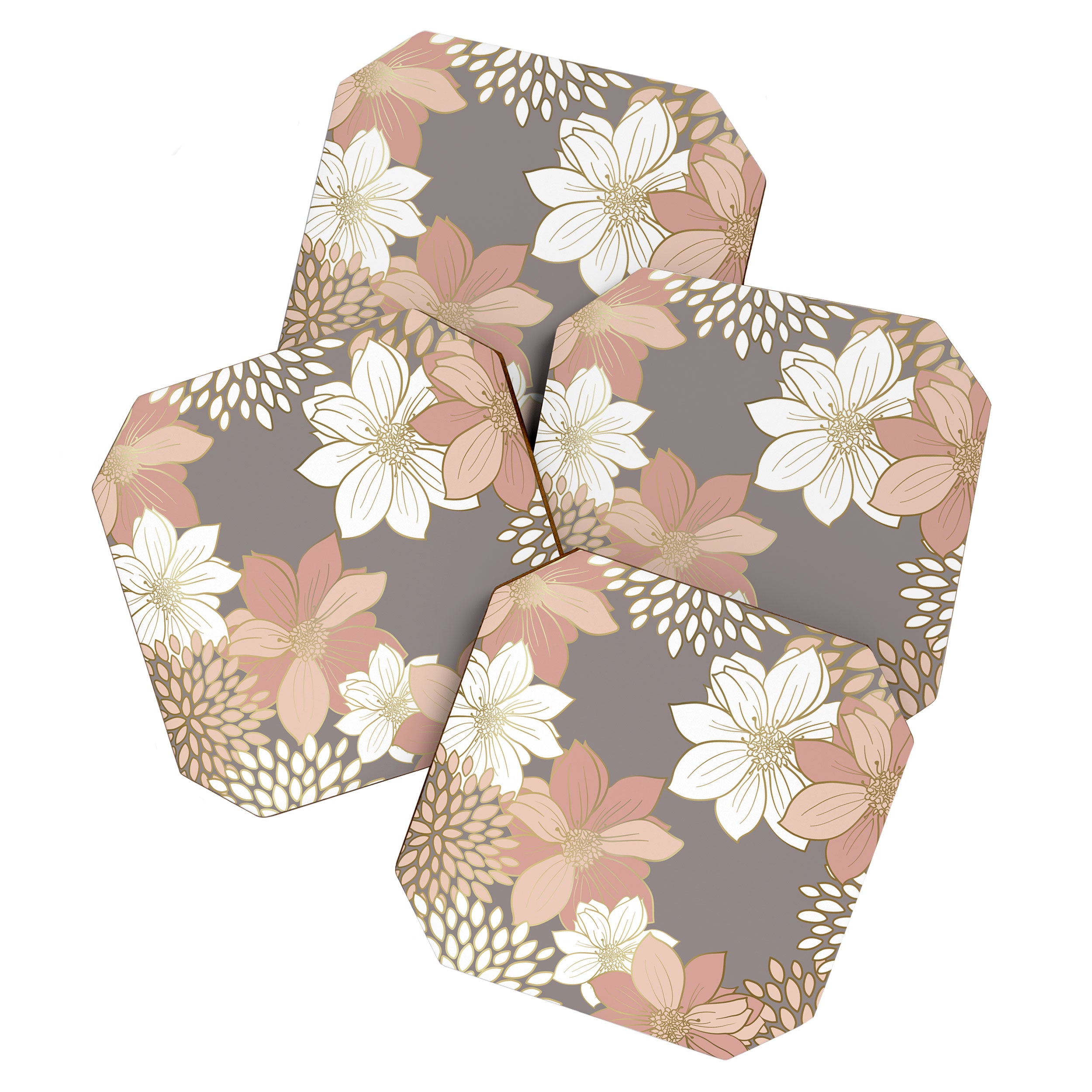 Pink and Gold Floral Garden on Gray Coaster Gallery Image 1