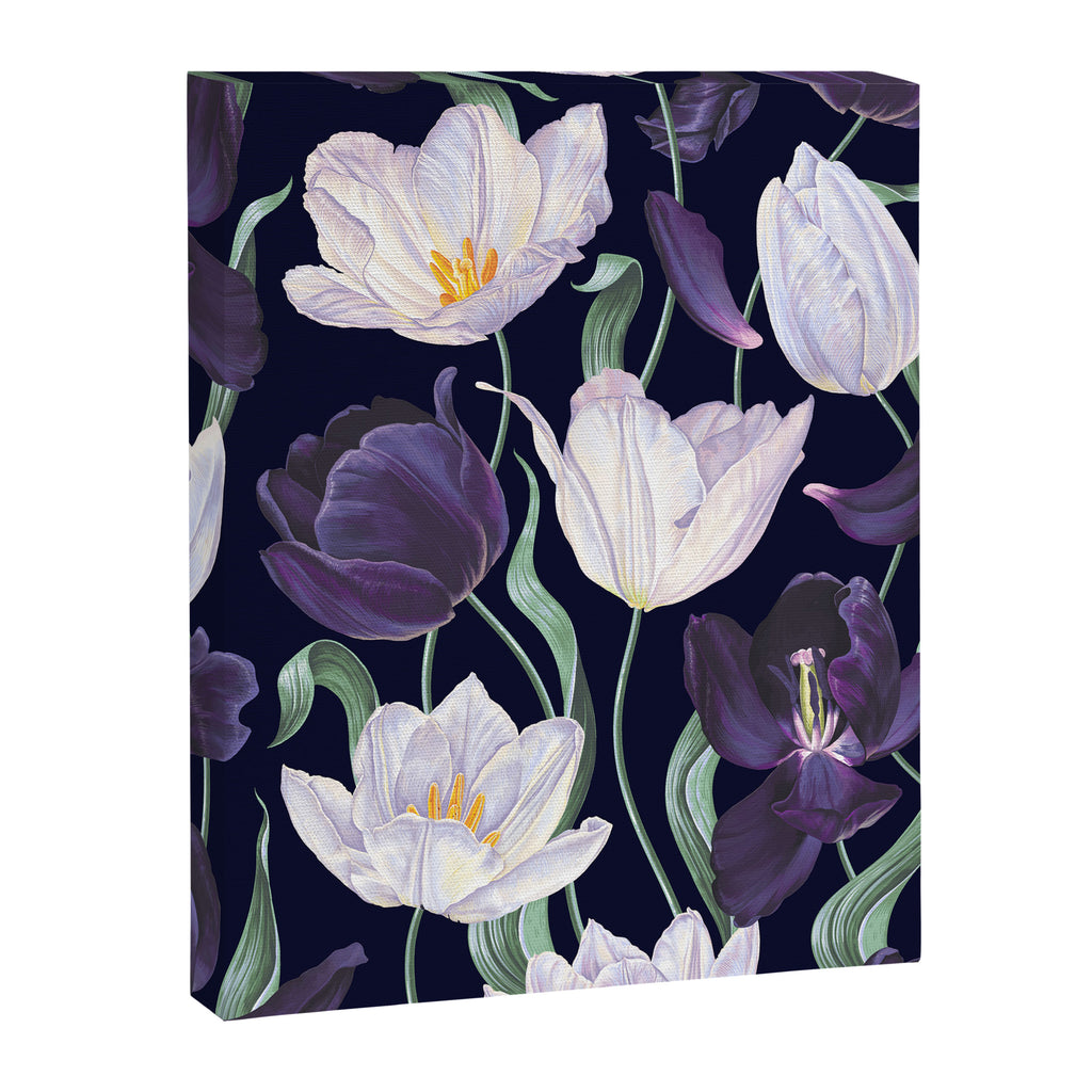 Purple and White Tulip Floral Prints on Navy Blue Canvas Print Gallery Image 8
