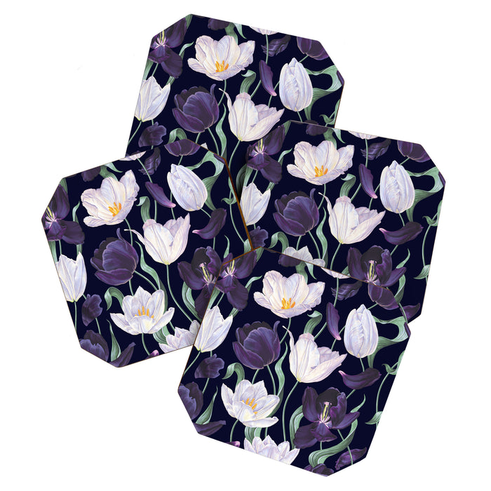 Purple and White Tulip Floral Prints on Navy Blue Coaster Gallery Image 1