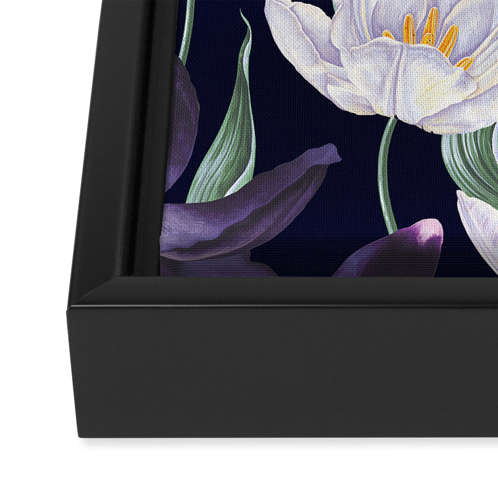 Purple and White Tulip Floral Prints on Navy Blue Framed Canvas Print Gallery Image 3
