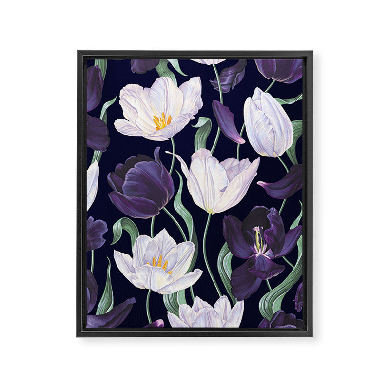 Purple and White Tulip Floral Prints on Navy Blue Framed Canvas Print Gallery Image 8