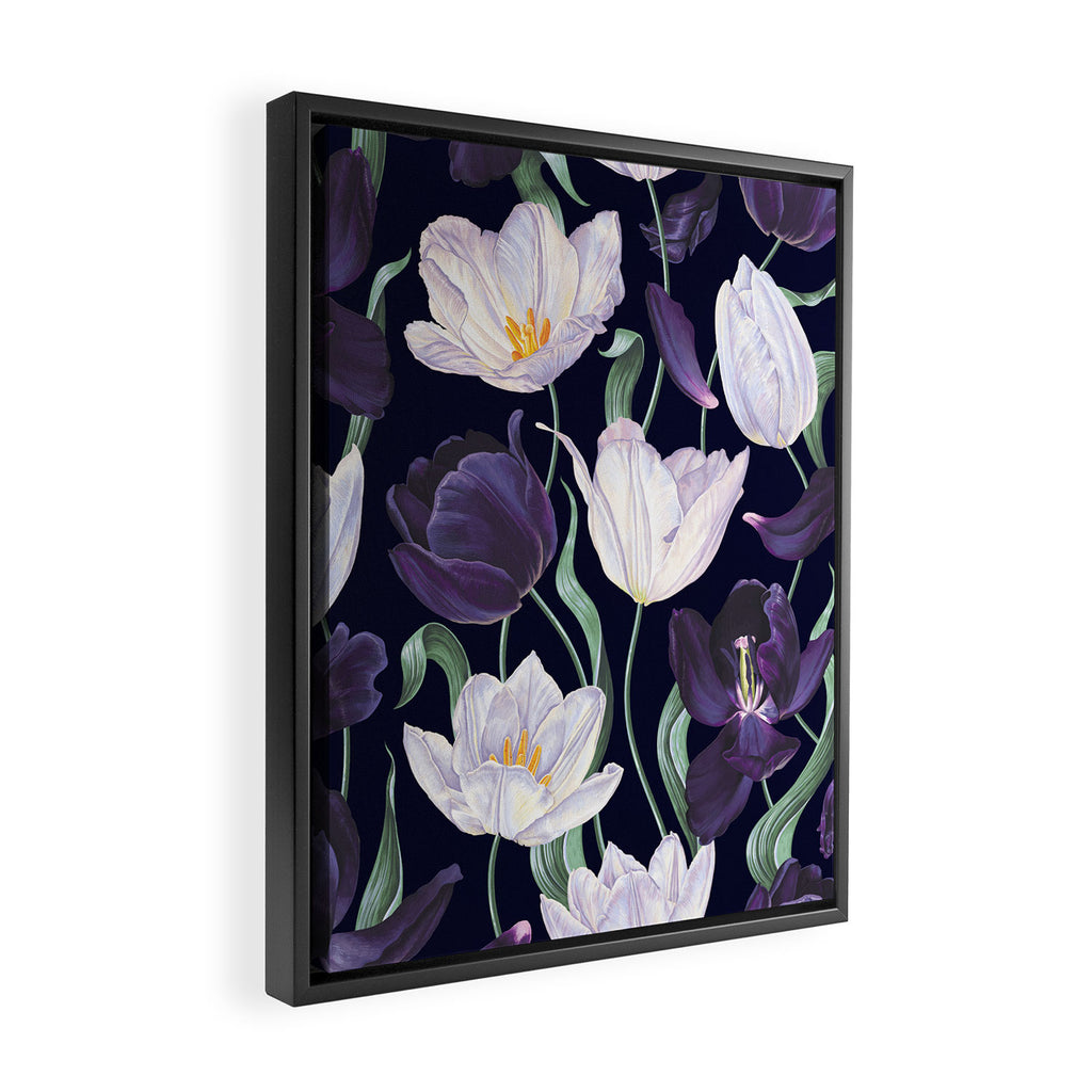 Purple and White Tulip Floral Prints on Navy Blue Framed Canvas Print Gallery Image 2