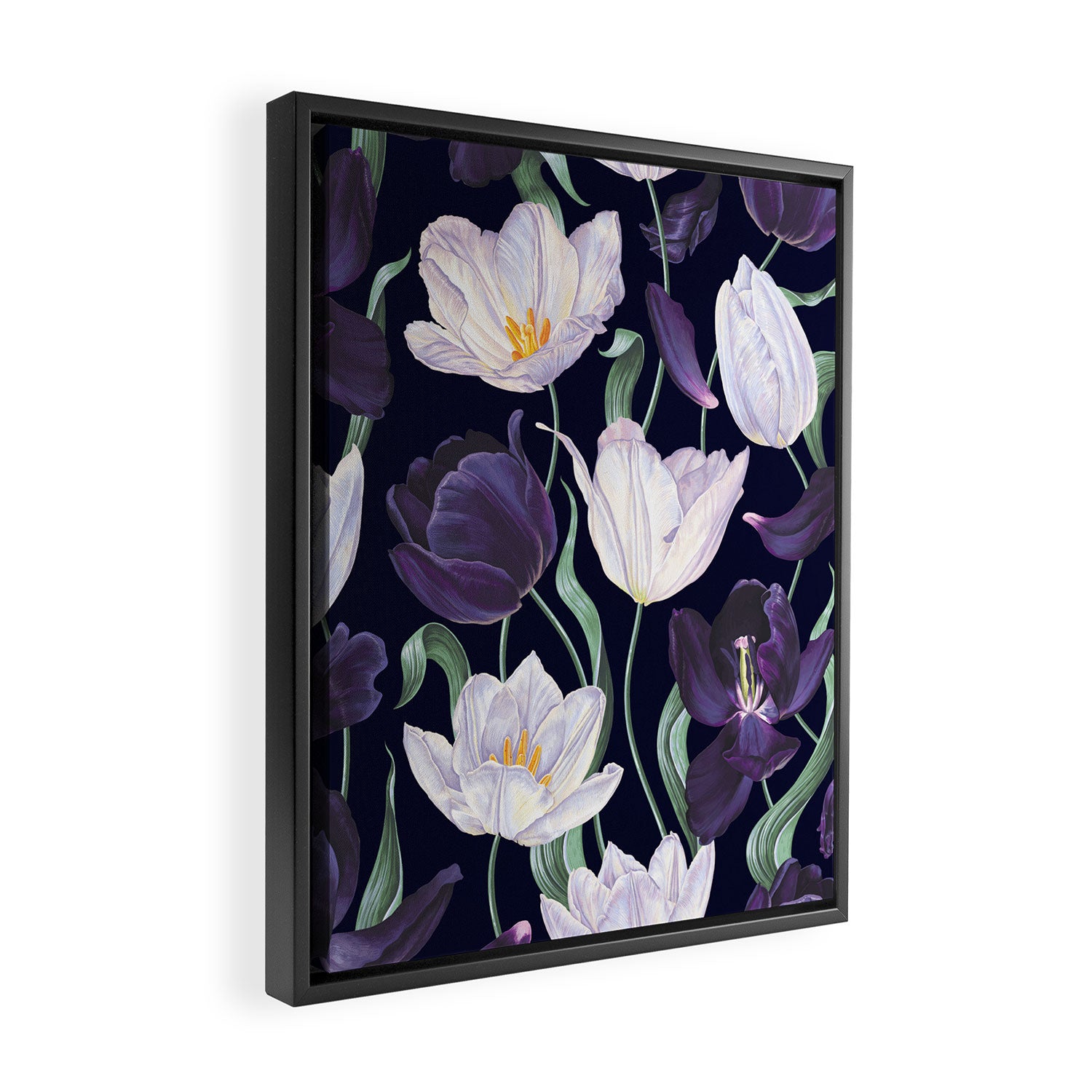 Purple and White Tulip Floral Prints on Navy Blue Framed Canvas Print Gallery Image 2