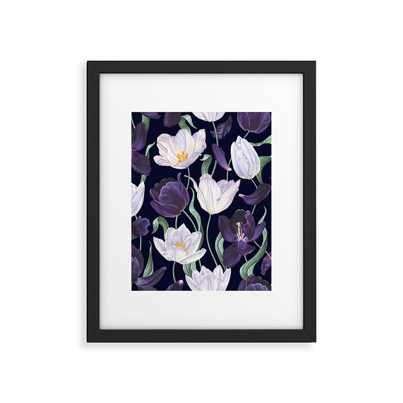 Purple and White Tulip Floral Prints on Navy Blue Framed Art Print Gallery Image 6