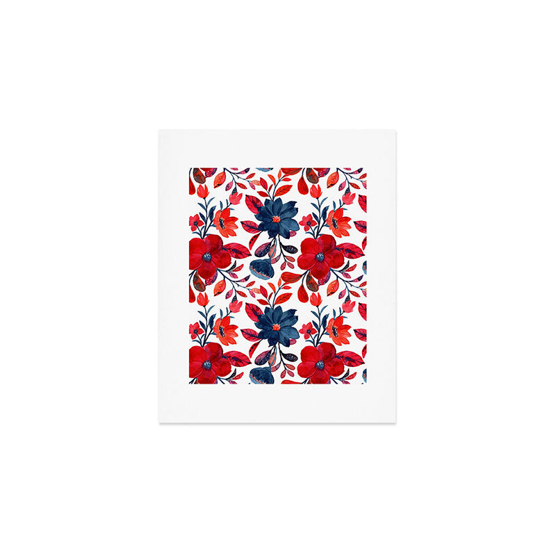 Red and Blue, Watercolor Painting of Flowers, Digital Art Art Print Gallery Image 1