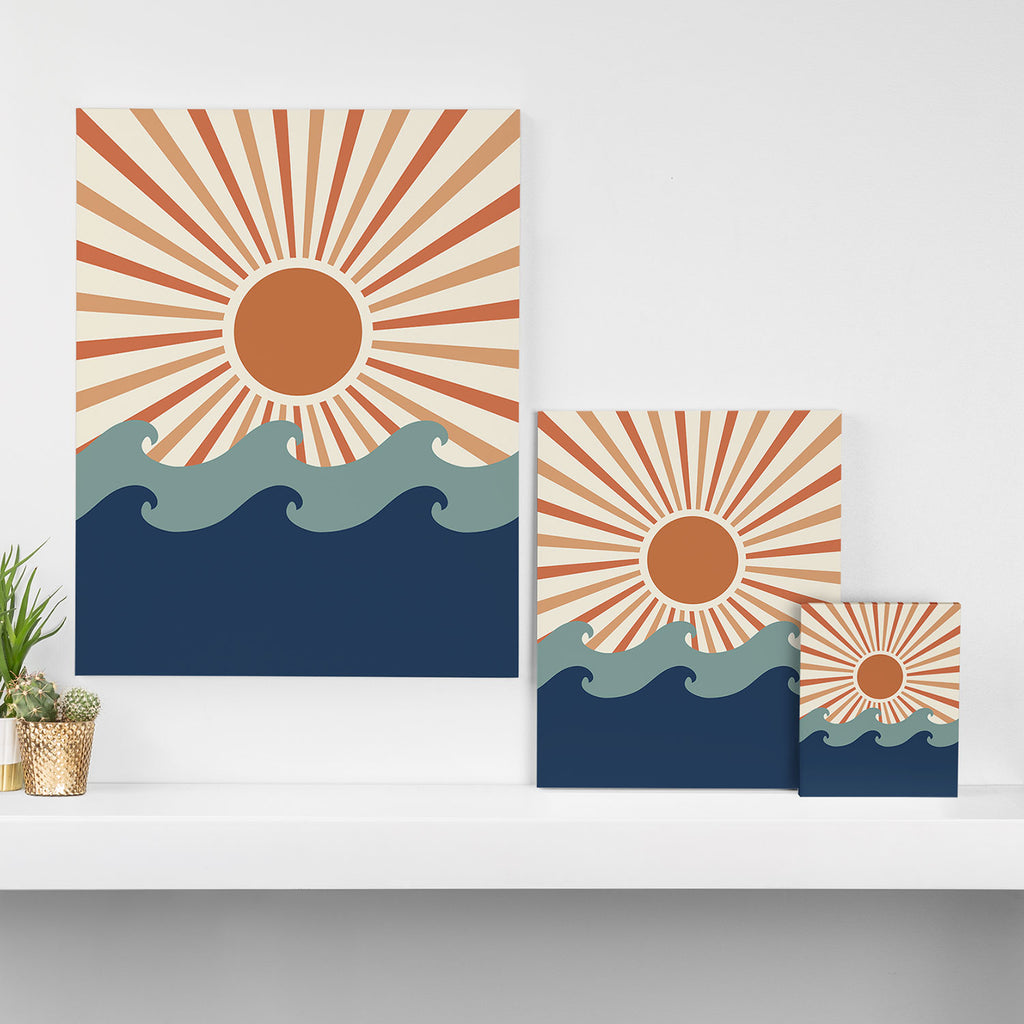 Retro, Sun and Wave Art, Blue and Orange Canvas Print Gallery Image 3