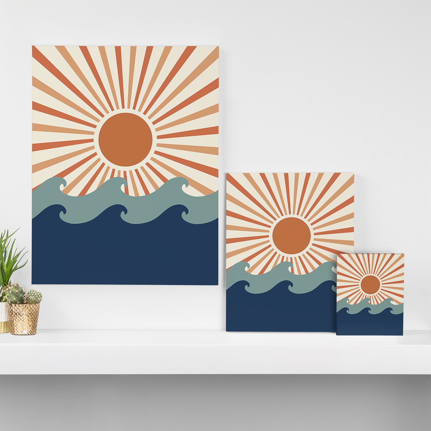 Retro, Sun and Wave Art, Blue and Orange Canvas Print Gallery Image 3