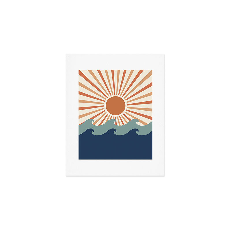 Retro, Sun and Wave Art, Blue and Orange Art Print Gallery Image 1