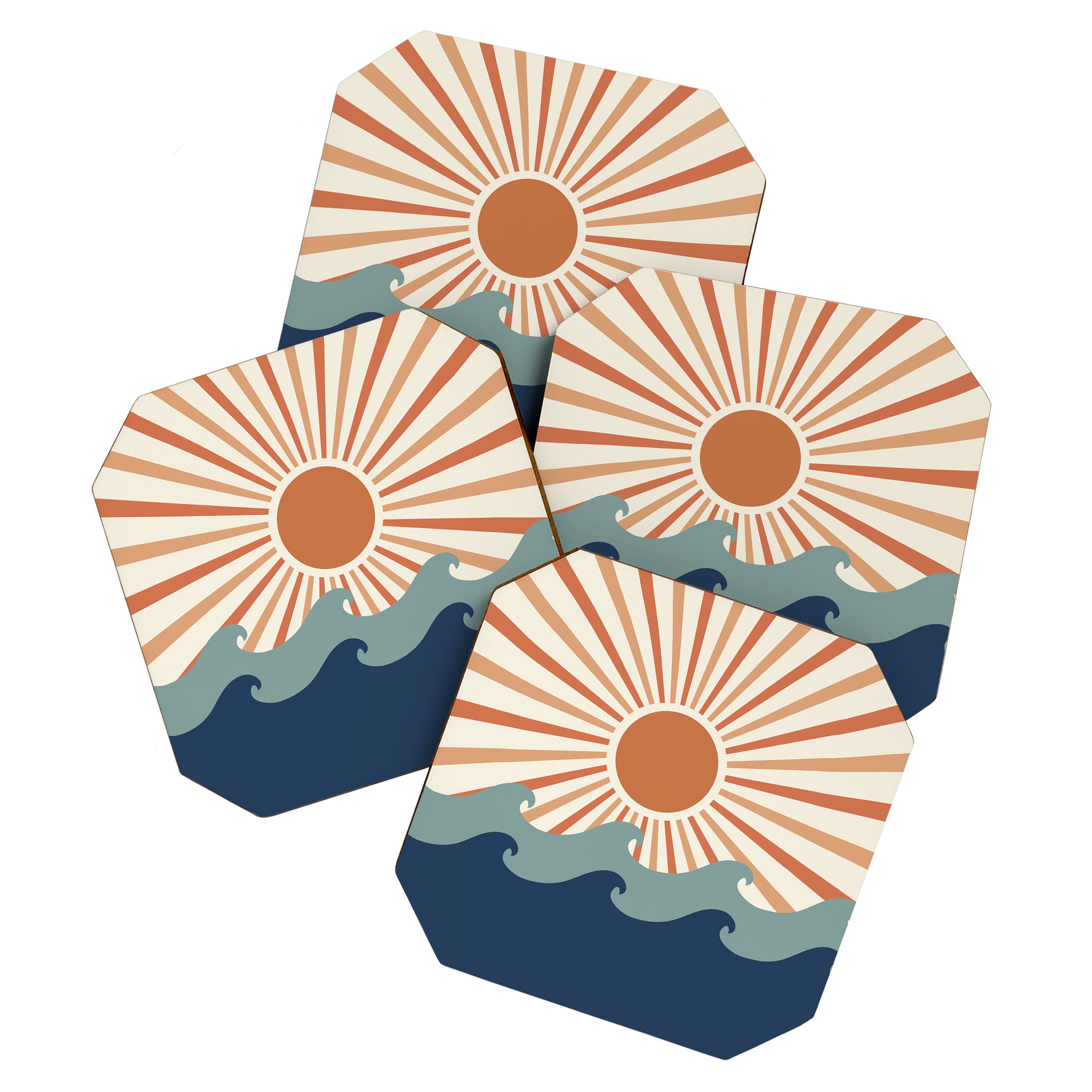 Retro, Sun and Wave Art, Blue and Orange Coaster Gallery Image 1