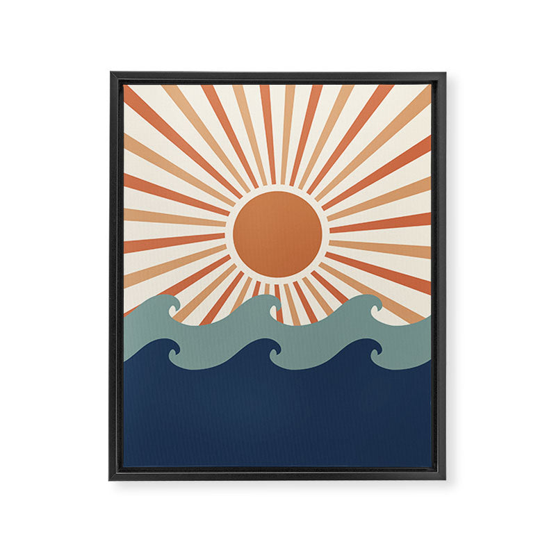 Retro, Sun and Wave Art, Blue and Orange Framed Canvas Print Gallery Image 8