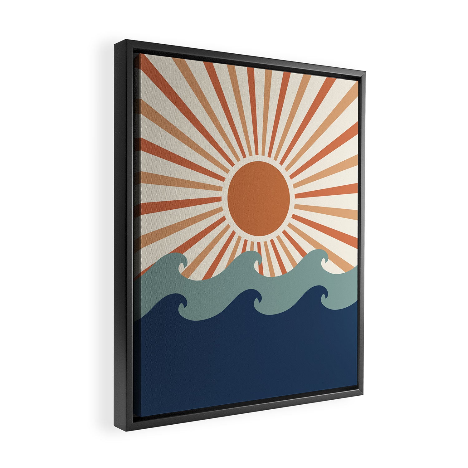 Retro, Sun and Wave Art, Blue and Orange Framed Canvas Print Gallery Image 2