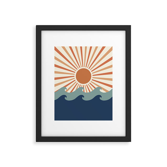 Retro, Sun and Wave Art, Blue and Orange Framed Art Print Gallery Image 1