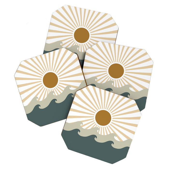 Retro, Sun and Waves, Green and Gold Coaster Gallery Image 1