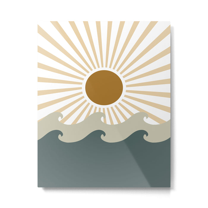 Retro, Sun and Waves, Green and Gold Metal Print Gallery Image 1