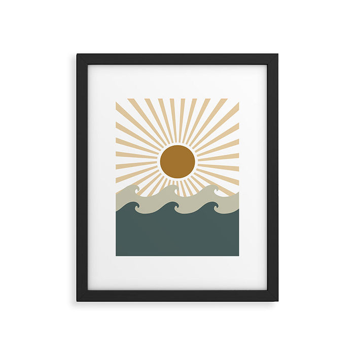 Retro, Sun and Waves, Green and Gold Framed Art Print Gallery Image 1