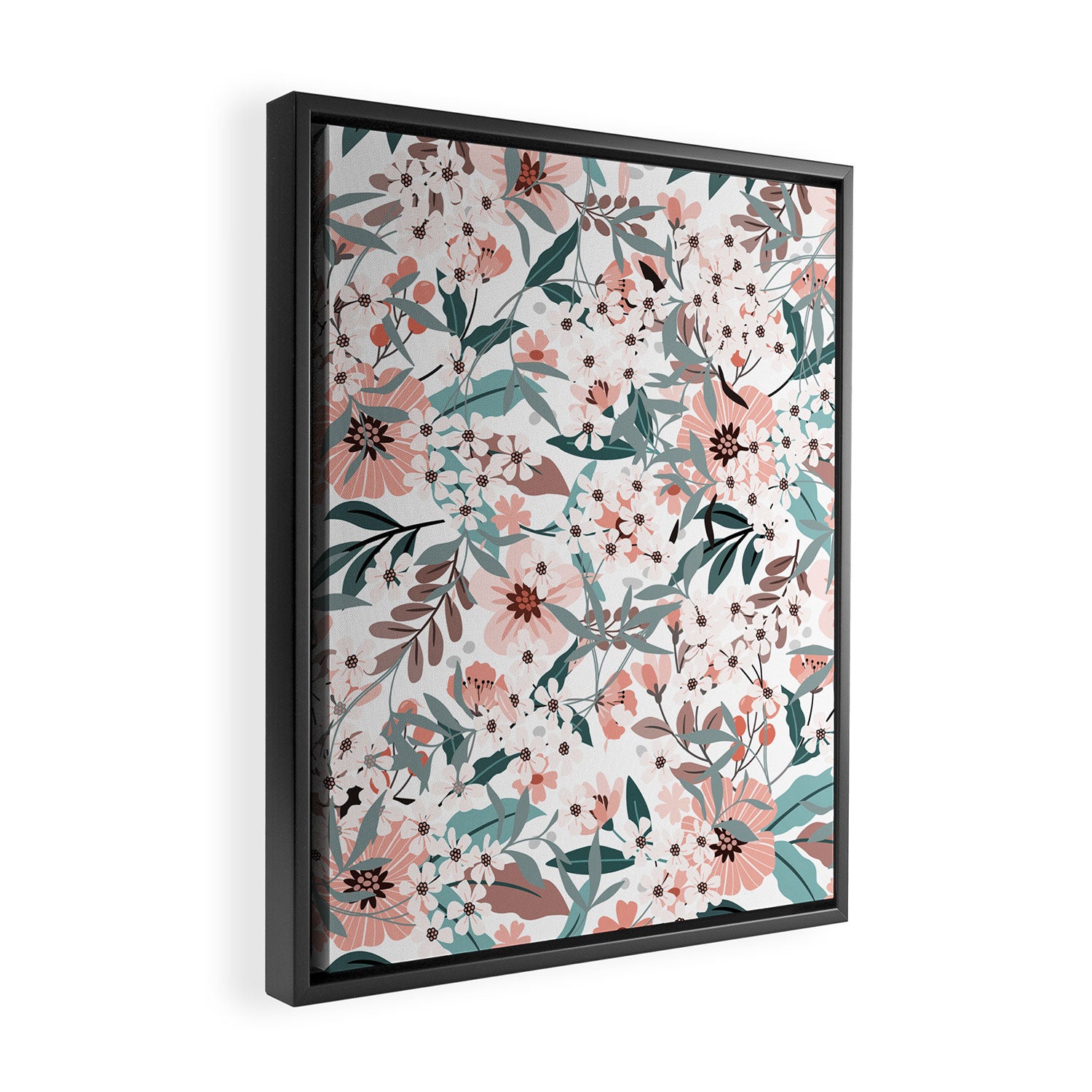 Spring Wildflowers, Floral Prints, Soft Pink and Teal Framed Canvas Print Gallery Image 2