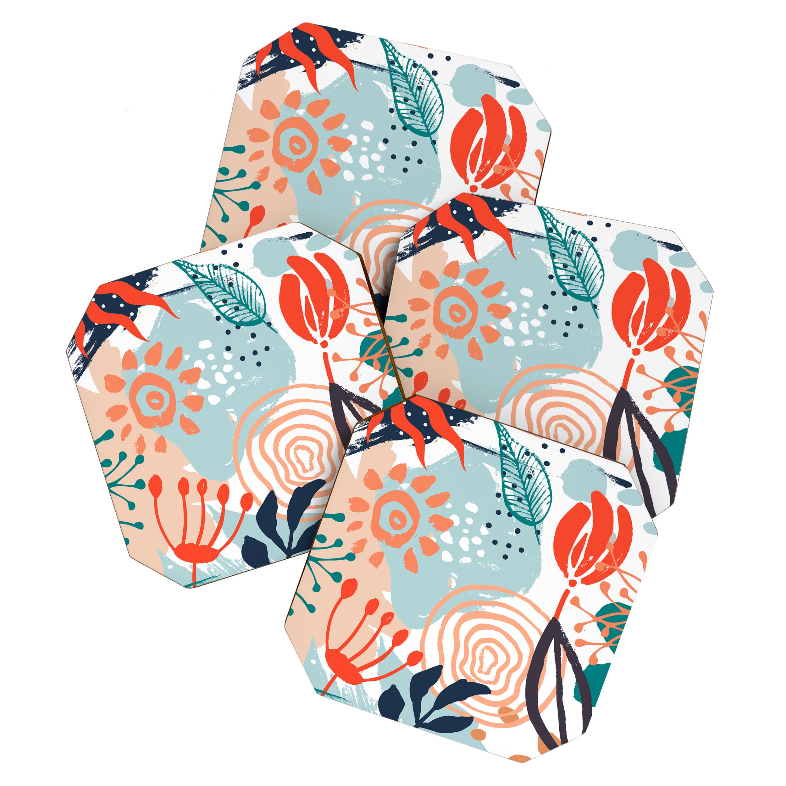 Summer Abstract, Floral Prints, Orange, Teal, Blue, Colourful Prints. Coaster Gallery Image 1