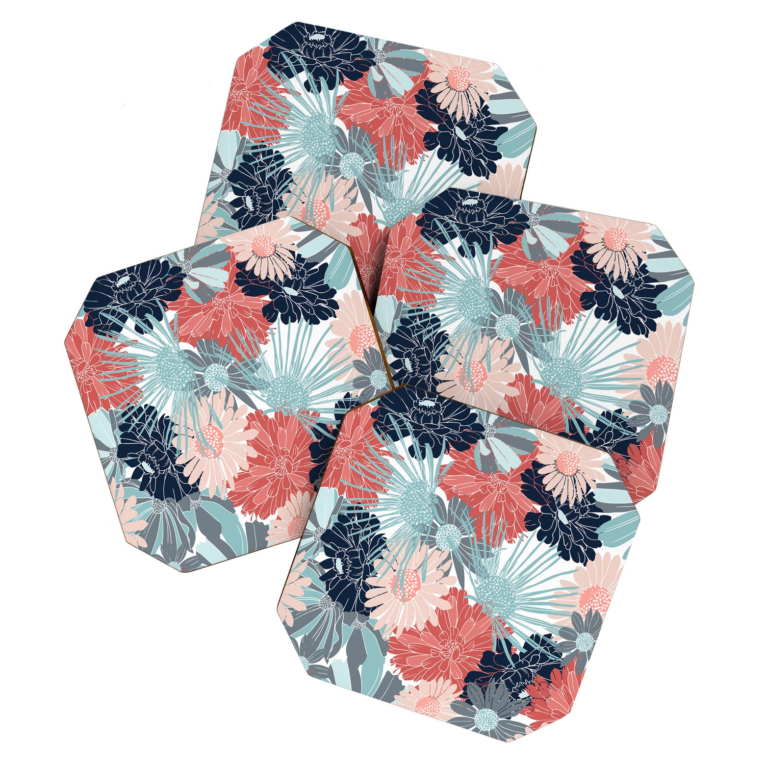 Summer Floral Garden, Coral, Teal and Blue Coaster Gallery Image 1