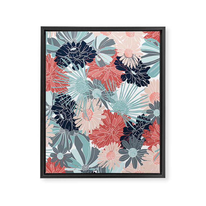 Summer Floral Garden, Coral, Teal and Blue Framed Canvas Print Gallery Image 1