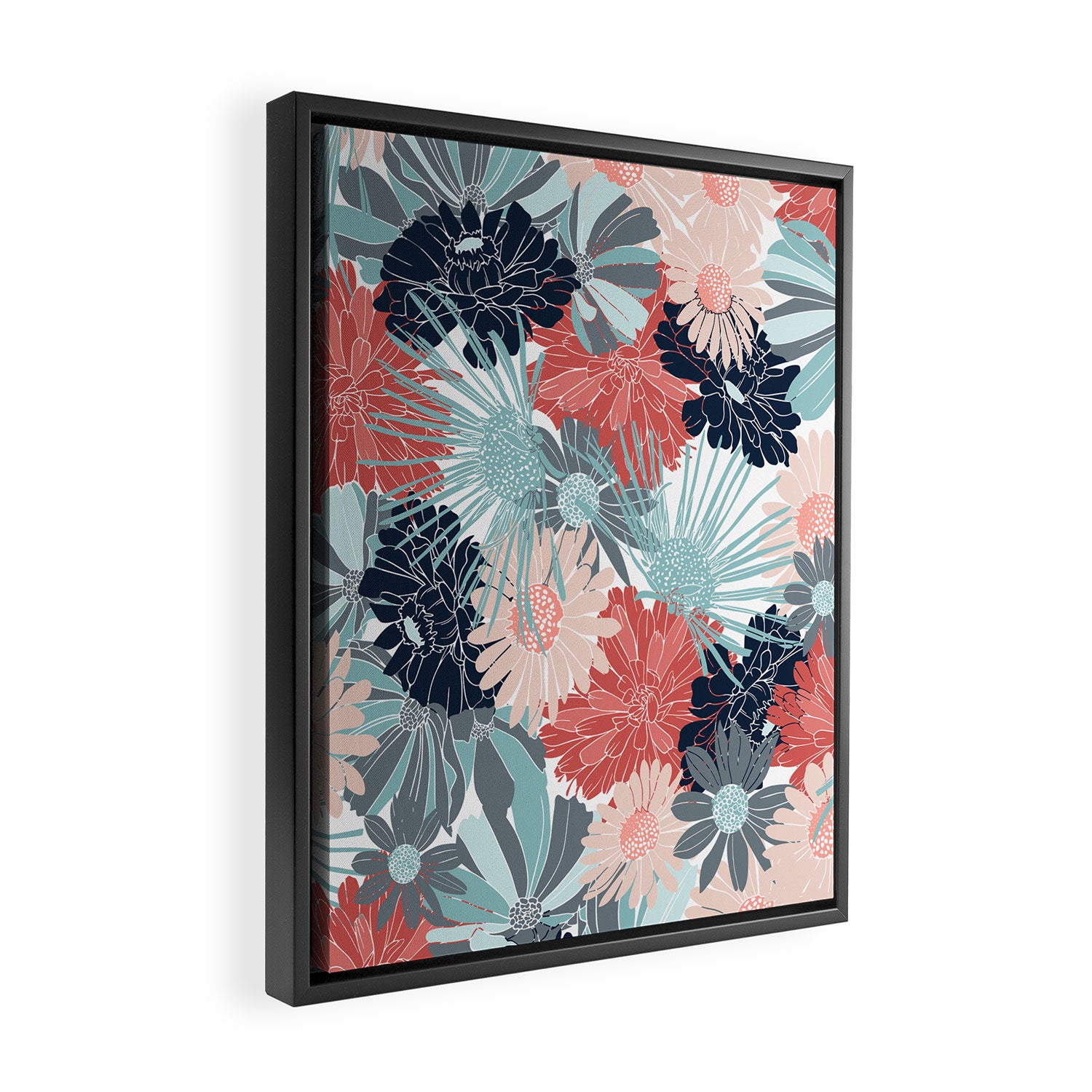 Summer Floral Garden, Coral, Teal and Blue Framed Canvas Print Gallery Image 2