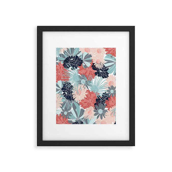 Summer Floral Garden, Coral, Teal and Blue Framed Art Print Gallery Image 1