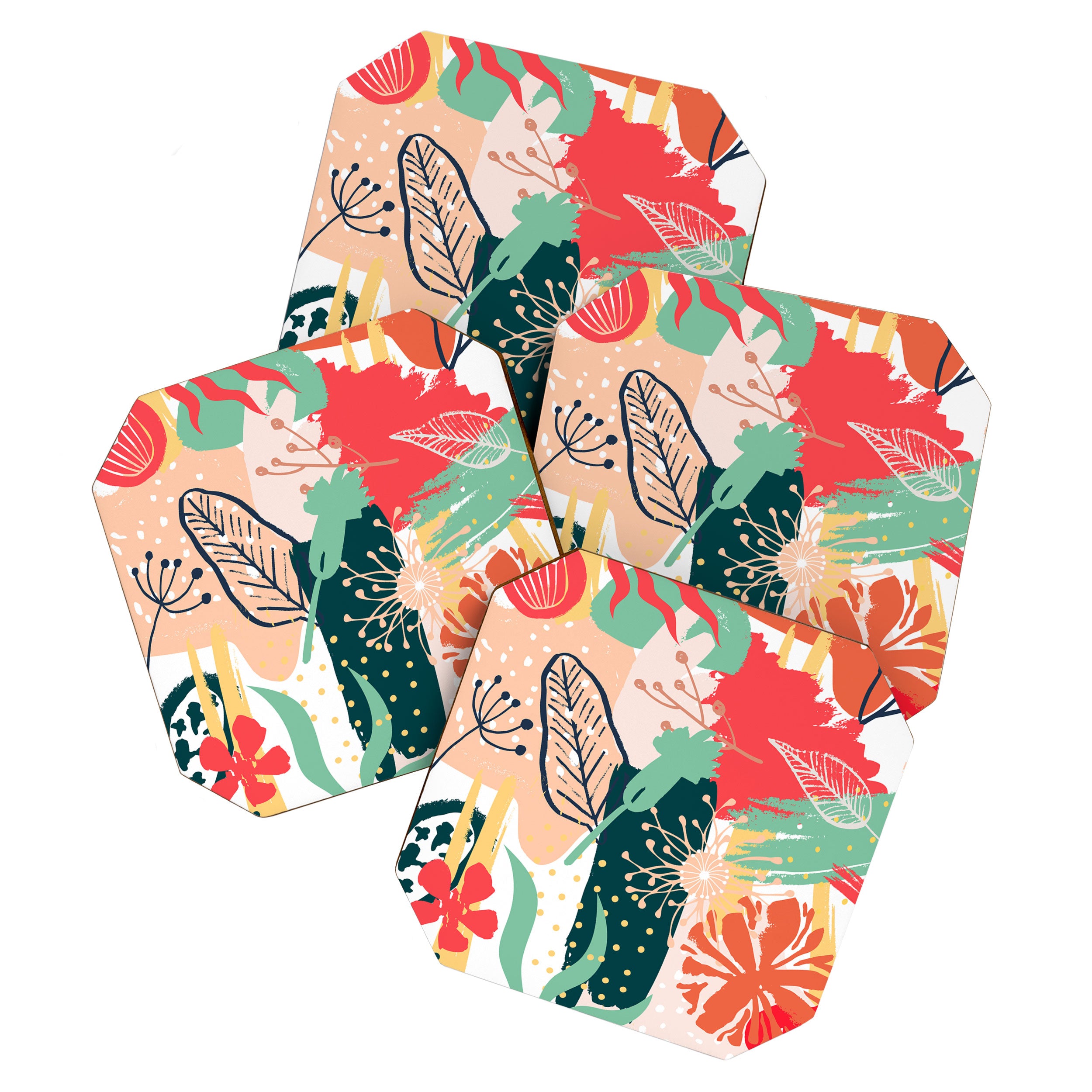 Summer Floral Prints, Abstract, Red and Green, Colourful Prints. Coaster Gallery Image 1