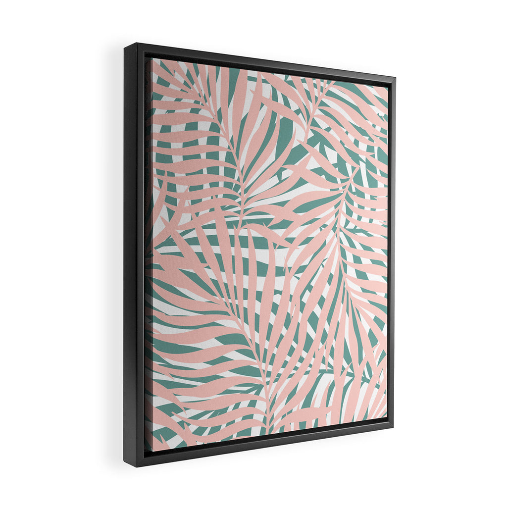 Summer, Tropical Green and Pink, Palm Leaves Pattern Framed Canvas Print Gallery Image 2