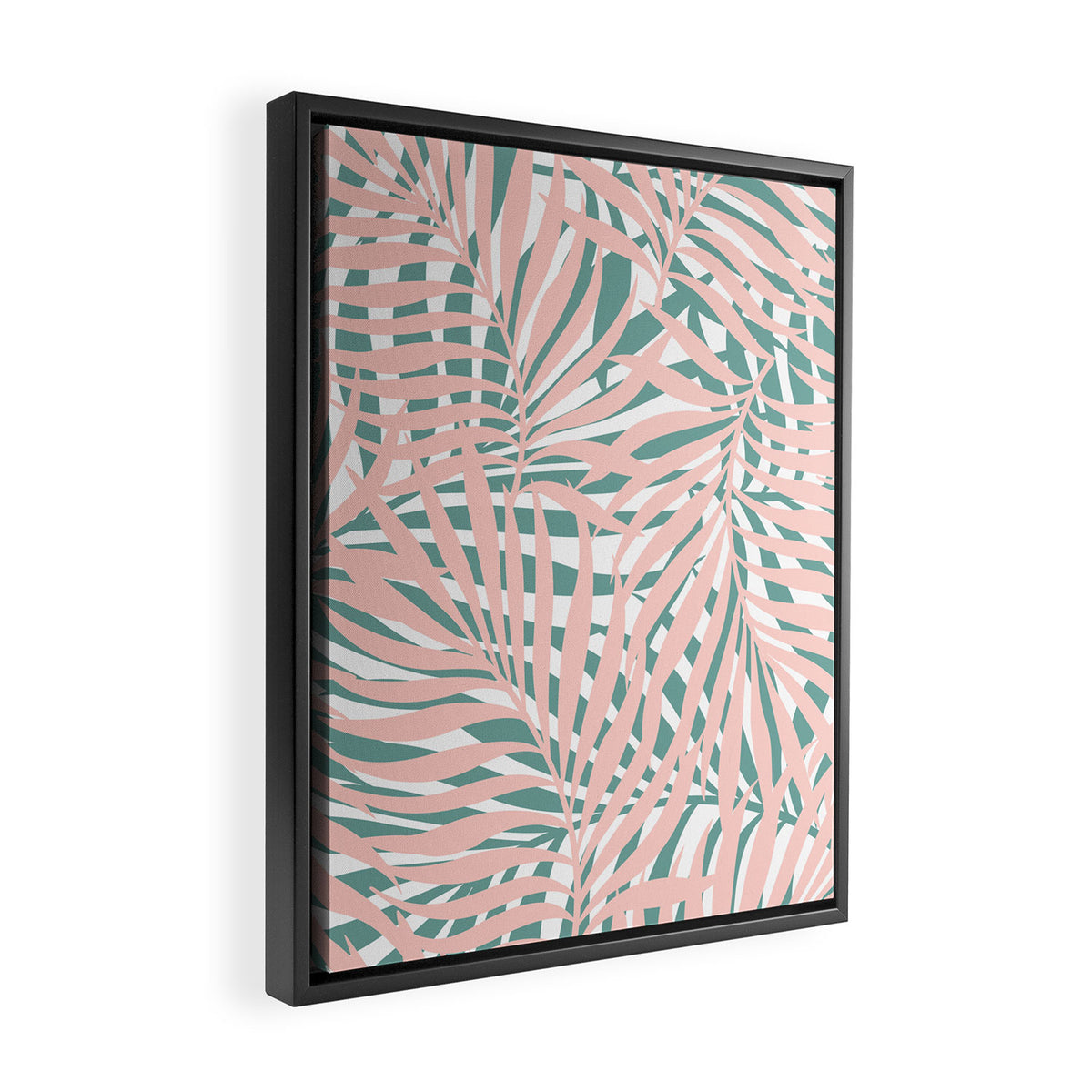 Summer, Tropical Green and Pink, Palm Leaves Pattern Framed Canvas Print Gallery Image 2