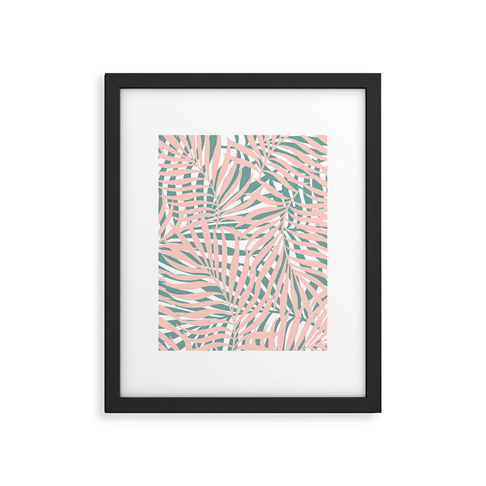 Summer, Tropical Green and Pink, Palm Leaves Pattern Framed Art Print Gallery Image 1