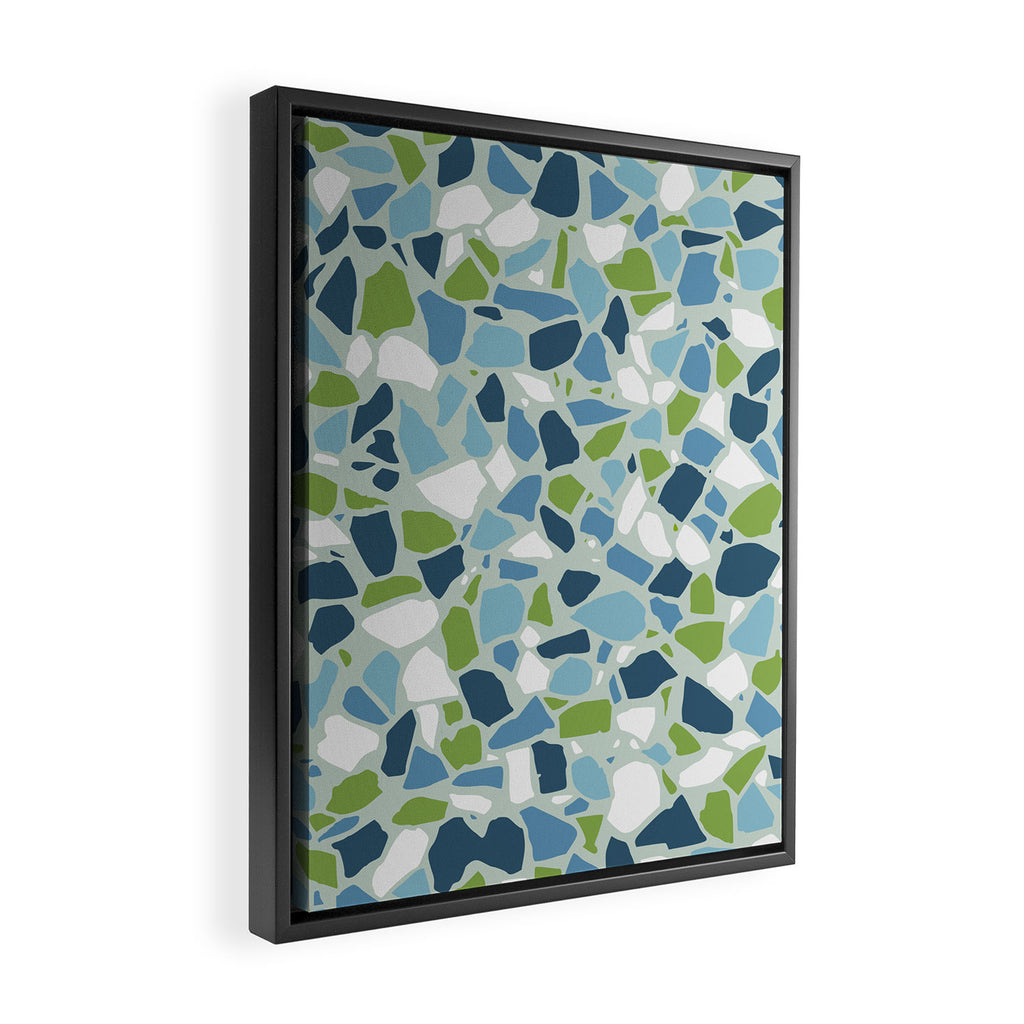 Terrazzo Mosaic Pattern, Teal Blue, Green, White Framed Canvas Print Gallery Image 2