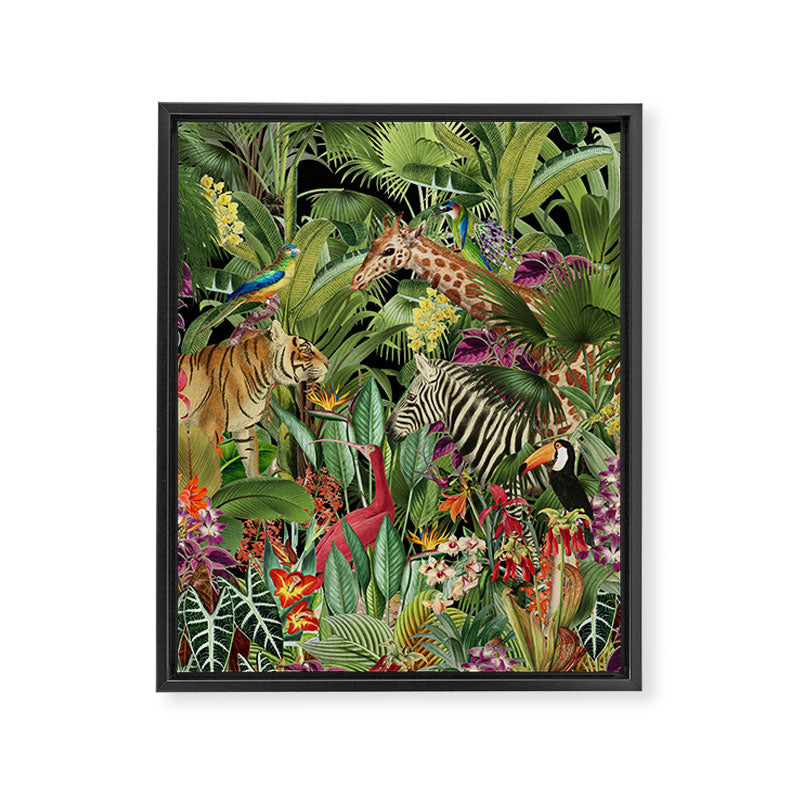 Tropical Eden Jungle on Black Vintage Print Framed Canvas Print Gallery Image 8