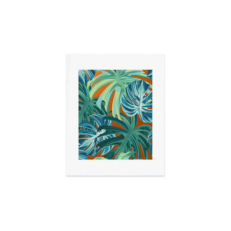Tropical Monstera Palm Leaves on Orange Art Print Gallery Image 1