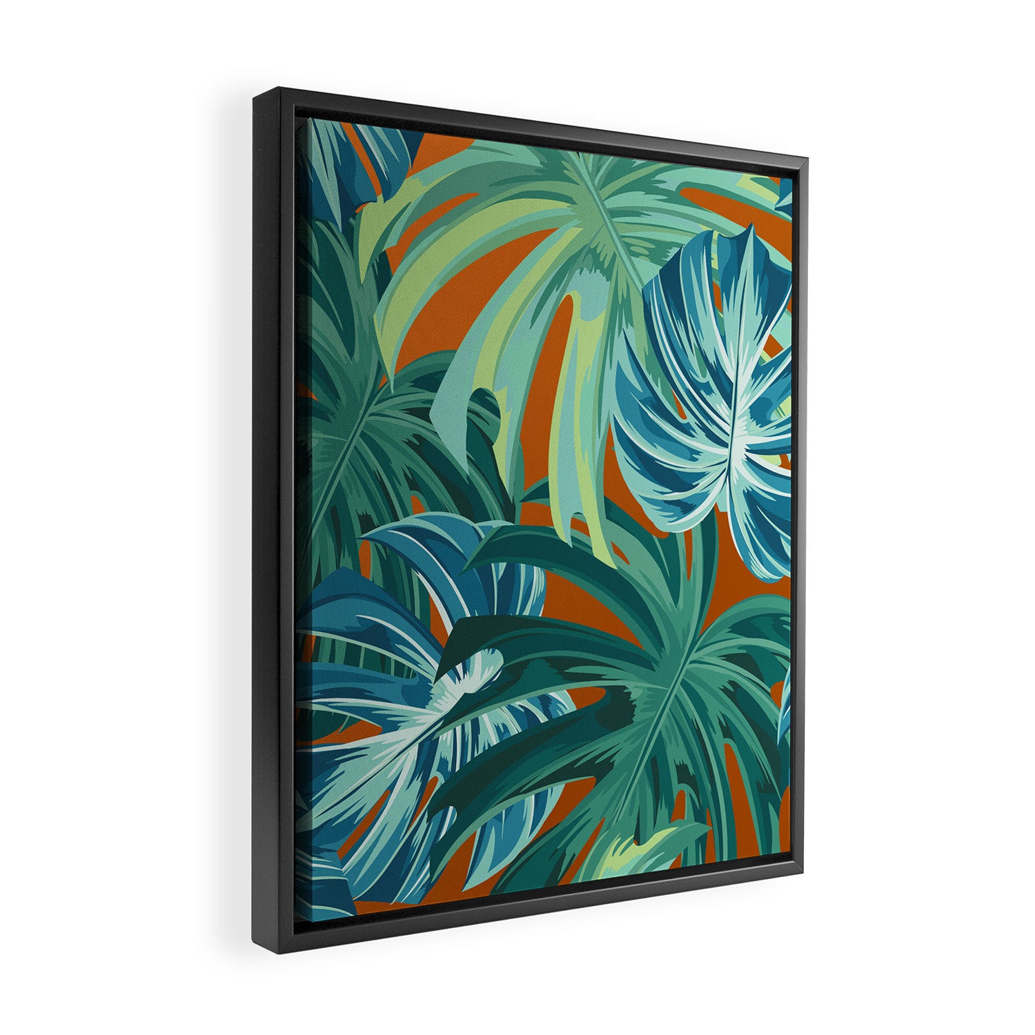 Tropical Monstera Palm Leaves on Orange Framed Canvas Print Gallery Image 2