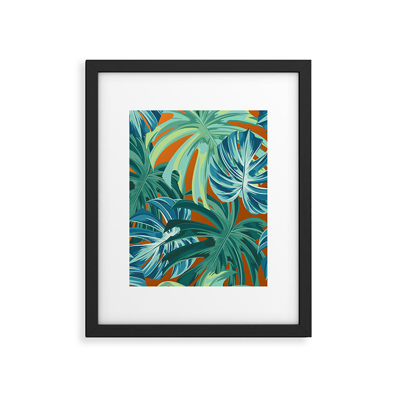 Tropical Monstera Palm Leaves on Orange Framed Art Print Gallery Image 6