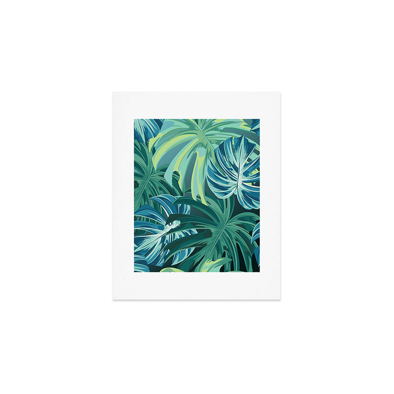 Tropical Monstera Palm Leaves on Teal Art Print Gallery Image 1