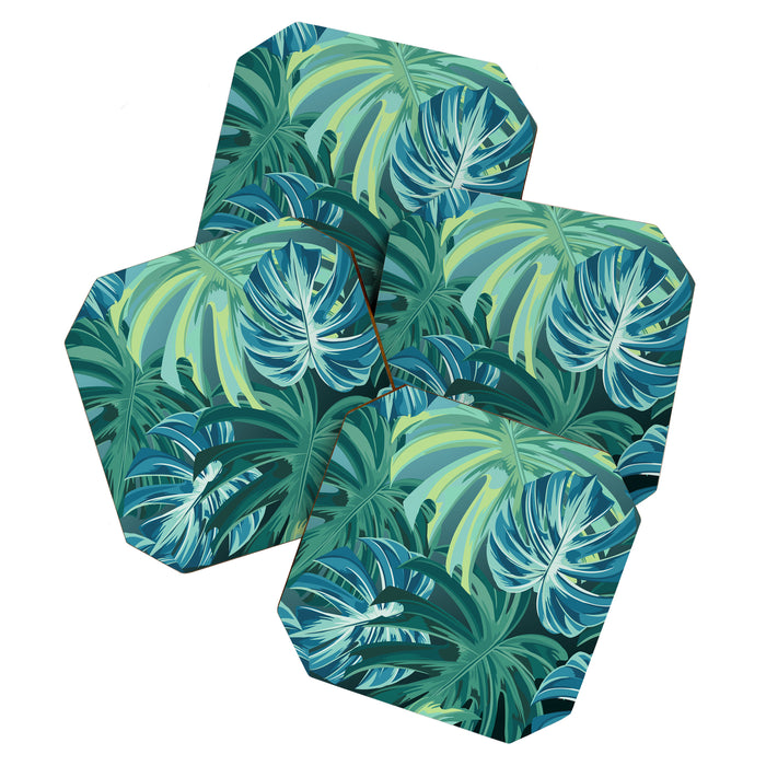 Tropical Monstera Palm Leaves on Teal Coaster Gallery Image 1