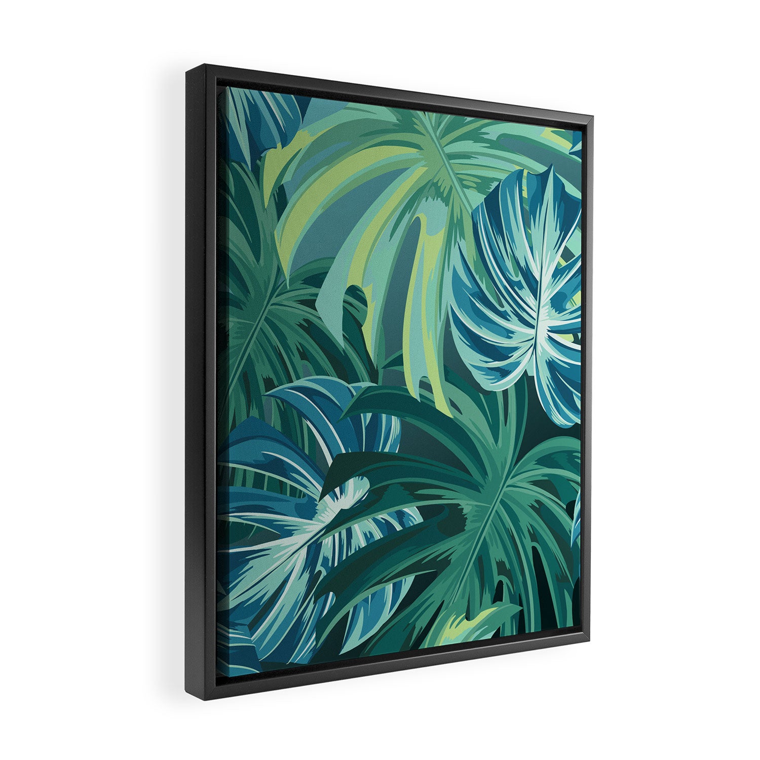 Tropical Monstera Palm Leaves on Teal Framed Canvas Print Gallery Image 2