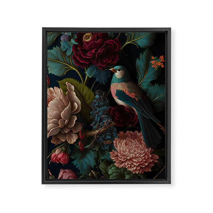 Vintage Bird and Dark Floral Print Framed Canvas Print Gallery Image 1