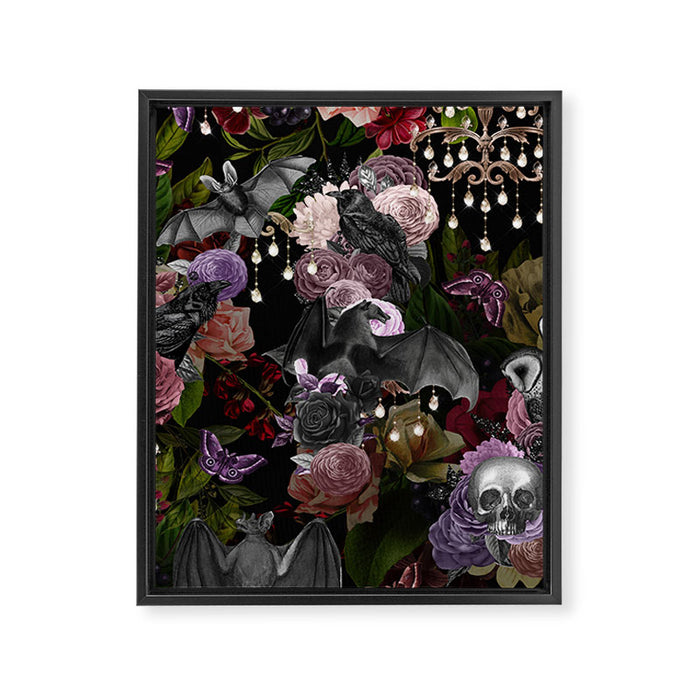 Vintage Floral Gothic and Bat Halloween Framed Canvas Print Gallery Image 1